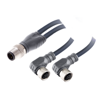 ELCO Y-SPLITTER STRAIGHT M12 MALE 4 PINS X (2) ELBOW M8 FEMALE 3 PINS, 1 METER BLACK PUR, 24 AWG