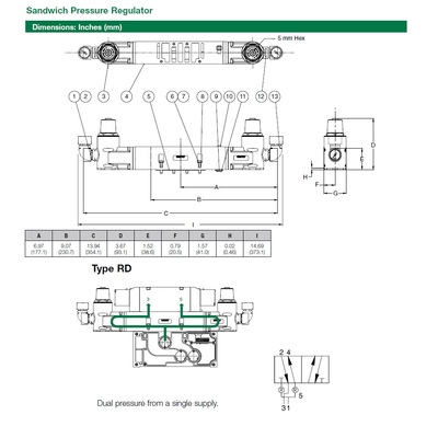 353RD100J016W00 NUMATICS/AVENTICS SANDWICH REGULATOR<BR>2035 SERIES DUAL PR 10-130PSI, TFG