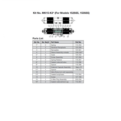 MK15-K3 NUMATICS/AVENTICS VALVE REPAIR KIT<BR>MK15 SERIES (SS5-SS6) OPEN & CLOSED CENTER
