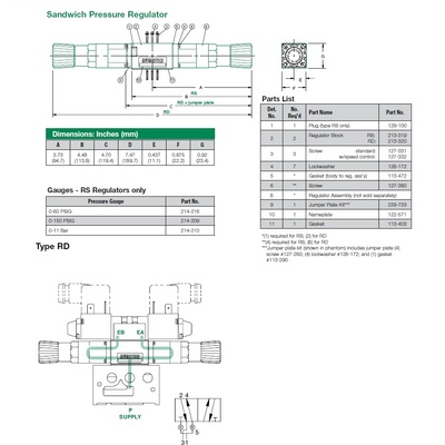 031RD741O000000 NUMATICS/AVENTICS SANDWICH REGULATOR/BASE<BR>MK3 SERIES DUAL PR 0-100PSI 1/8" NPT, HW